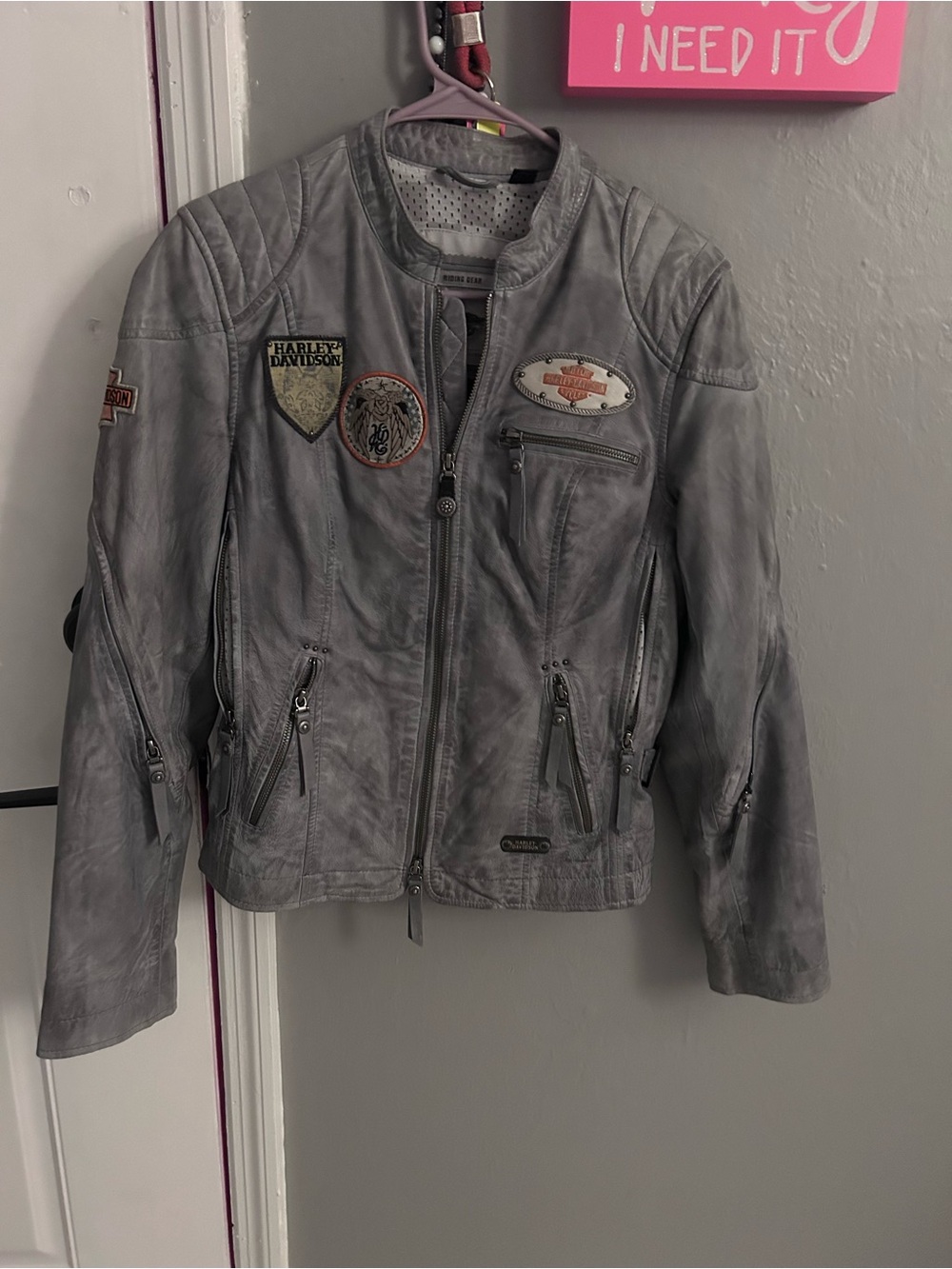 Harley-Davidson Women's Light Gray Leather Moto Jacket with Patches
